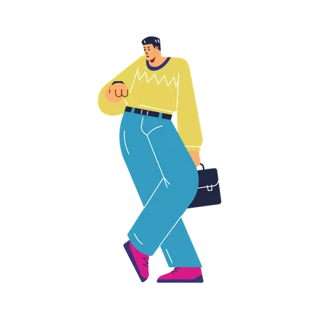Homme en colère avec une valise attendant et regardant sa montre  Illustration