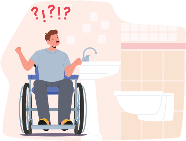 Un homme en colère et frustré en fauteuil roulant se sentant mal à cause des toilettes publiques inconfortables  Illustration