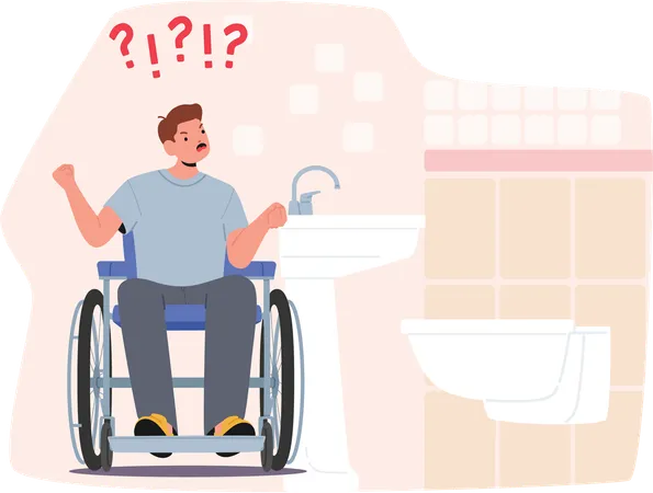 Un homme en colère et frustré en fauteuil roulant se sentant mal à cause des toilettes publiques inconfortables  Illustration