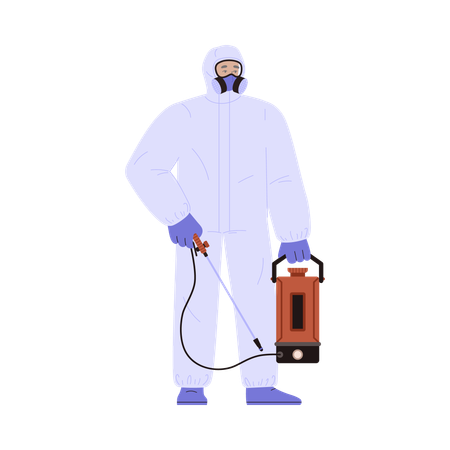 Homme en combinaison de protection avec respirateur tenant un équipement de désinfection  Illustration