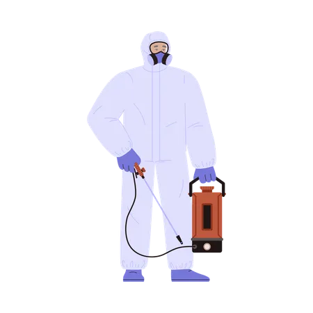 Homme en combinaison de protection avec respirateur tenant un équipement de désinfection  Illustration