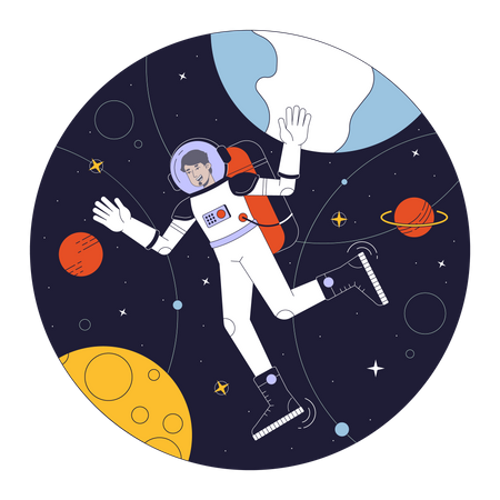 Homme en combinaison spatiale parmi les planètes  Illustration