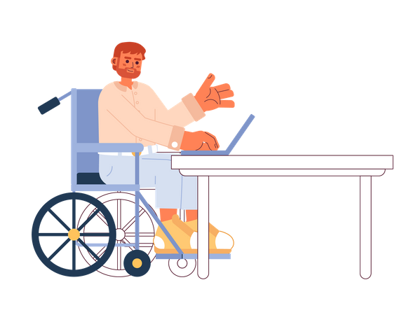 Homme barbu en fauteuil roulant sur ordinateur portable  Illustration