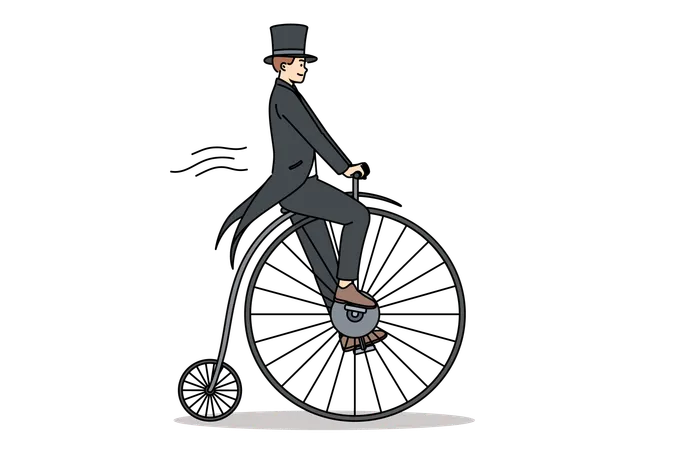 Un homme en frac monte un vélo vintage penny farthing en imaginant un voyage dans le temps jusqu'au siècle dernier  Illustration