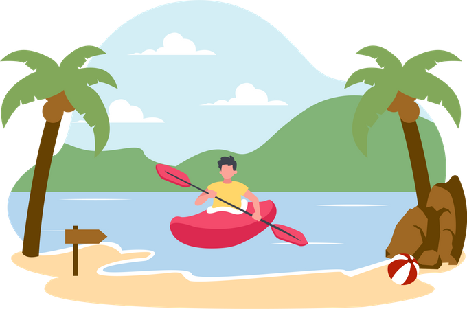 Homme monté sur un kayak sur une plage tropicale  Illustration