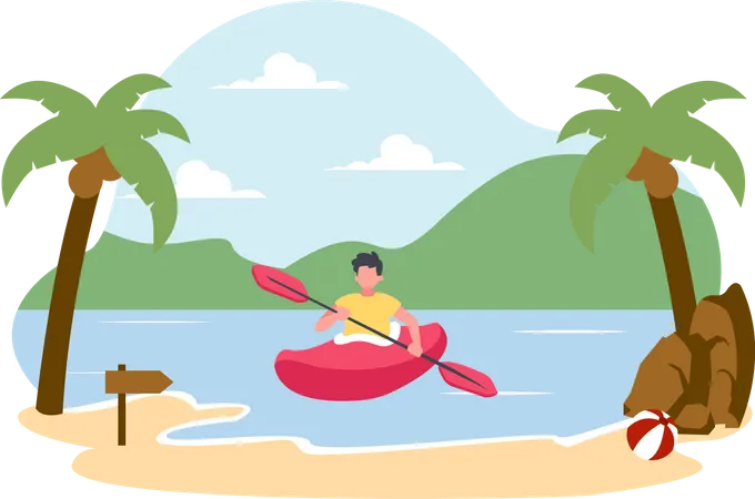 Homme monté sur un kayak sur une plage tropicale  Illustration