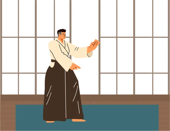 Homme en kimono pratiquant une posture martiale  Illustration