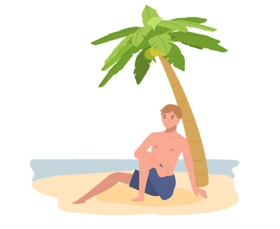 Homme en maillot de bain assis sur la plage  Illustration