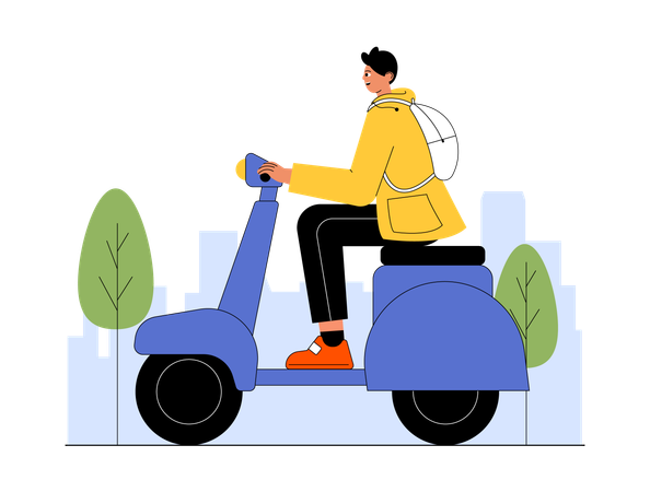 Un homme en scooter se rend à un point d'aventure  Illustration