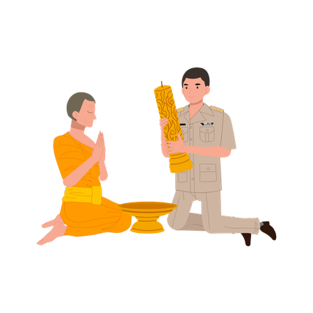 Un homme en uniforme du gouvernement offre une grande bougie de carême à un moine bouddhiste  Illustration