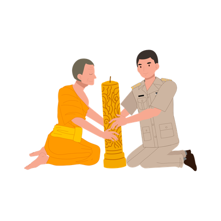 Un homme en uniforme du gouvernement offre une grande bougie de carême à un moine bouddhiste  Illustration