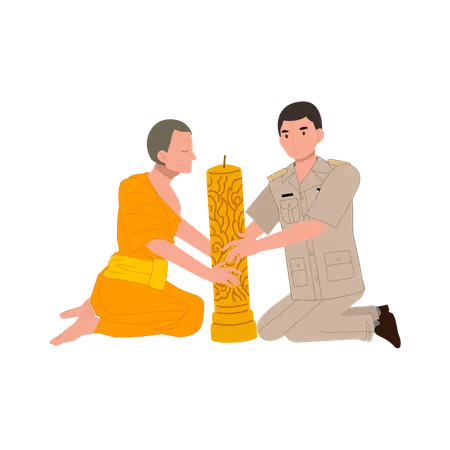 Un homme en uniforme du gouvernement offre une grande bougie de carême à un moine bouddhiste  Illustration