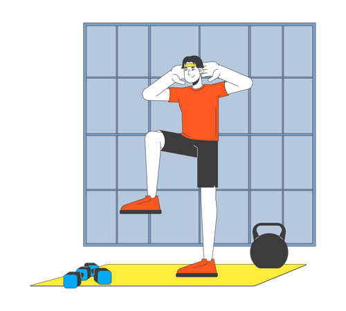 Un homme en vêtements de sport effectue un exercice de soulèvement du genou  Illustration