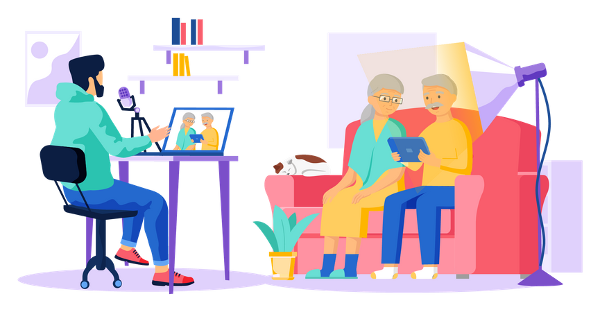 Homme enregistrant le podcast d'un vieux couple  Illustration