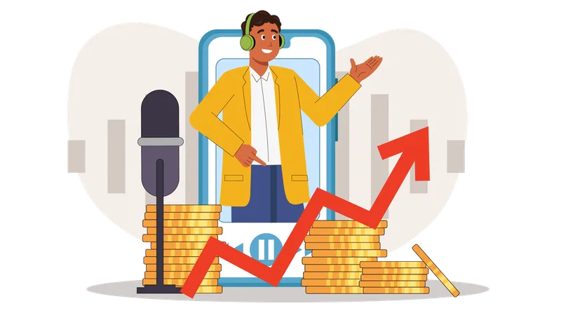 Homme enregistrant un podcast sur les finances des entreprises  Illustration