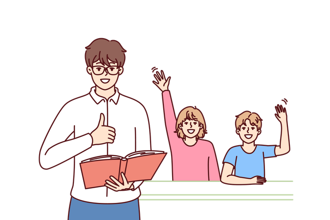 Un enseignant avec un manuel se tient près des élèves assis au bureau de l'école et levant la main  Illustration