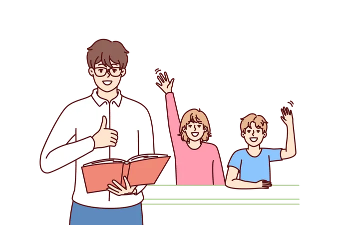 Un enseignant avec un manuel se tient près des élèves assis au bureau de l'école et levant la main  Illustration