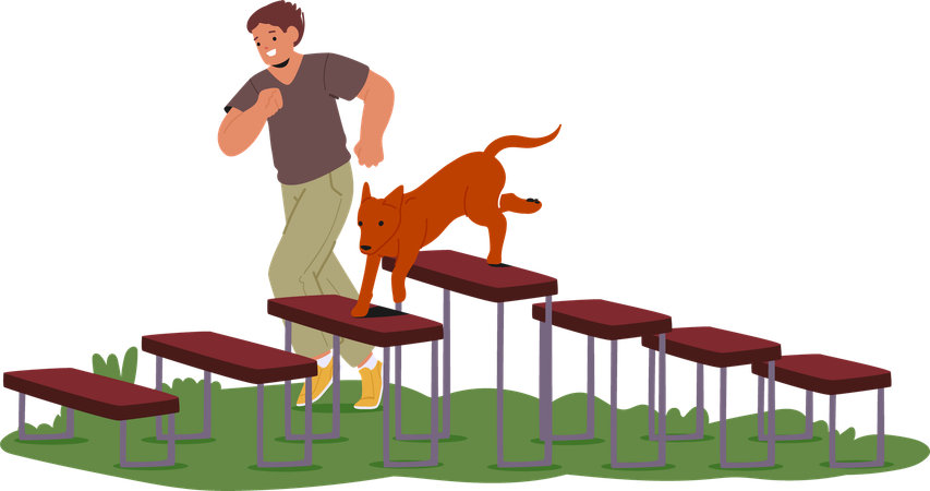 Un homme entraîne un chien sur un parcours d'obstacles en extérieur  Illustration