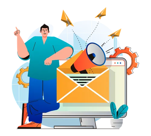 Homme envoyant des mails promotionnels  Illustration