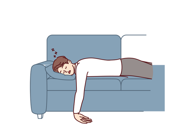 Un homme épuisé s'est endormi allongé sur un canapé confortable, sans énergie après une dure journée de travail  Illustration