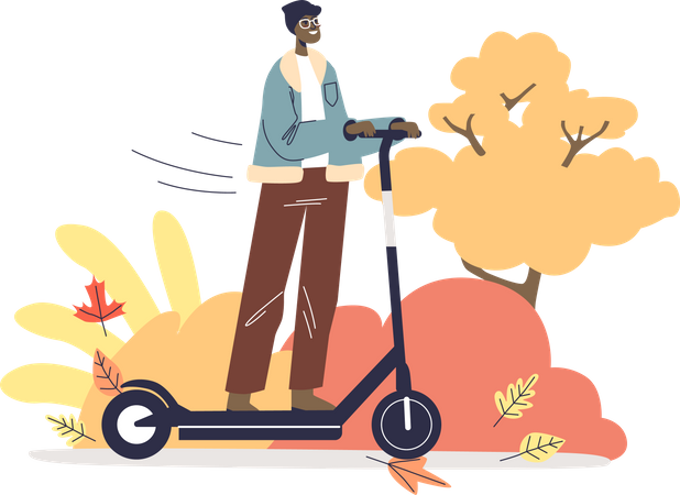 Homme chevauchant un scooter électrique dans le parc d'automne  Illustration