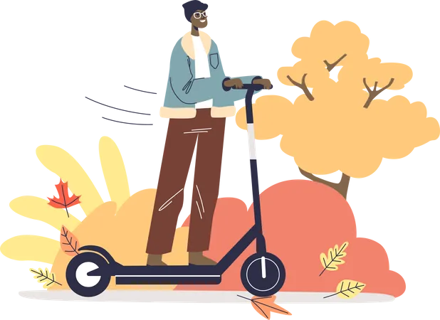 Homme chevauchant un scooter électrique dans le parc d'automne  Illustration