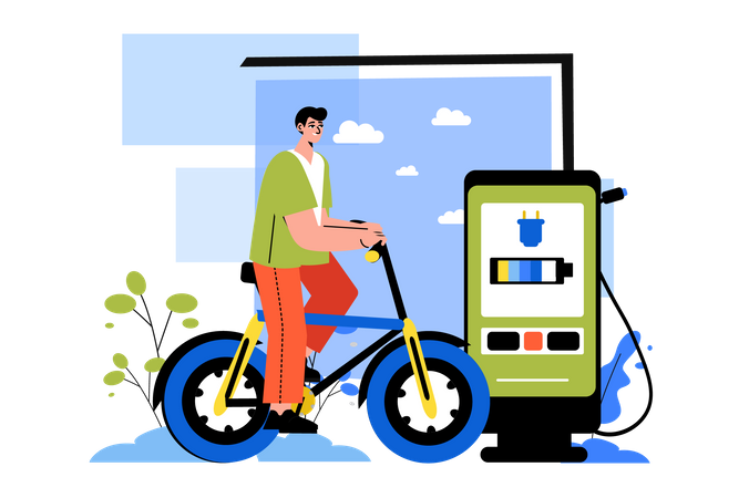 Homme conduisant un vélo EV et suivant l'utilisation de la batterie via une application mobile  Illustration