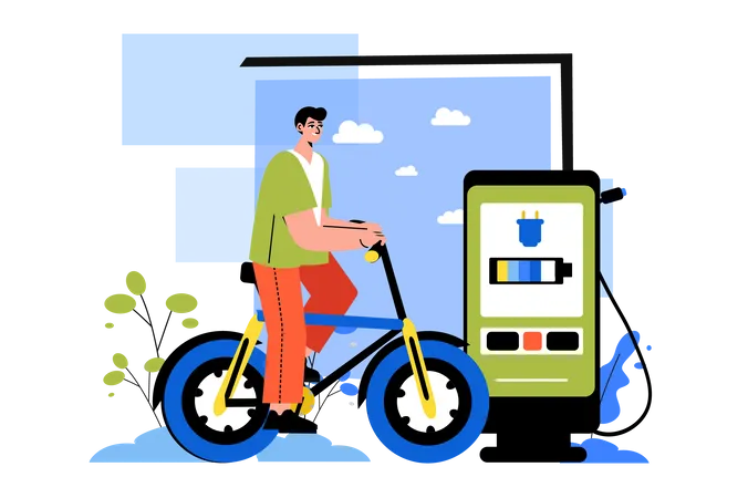 Homme conduisant un vélo EV et suivant l'utilisation de la batterie via une application mobile  Illustration