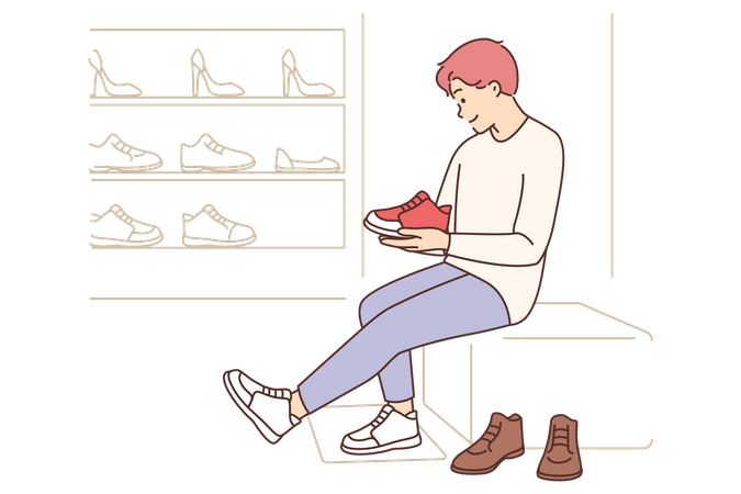 Homme essayant des chaussures dans un magasin de chaussures  Illustration