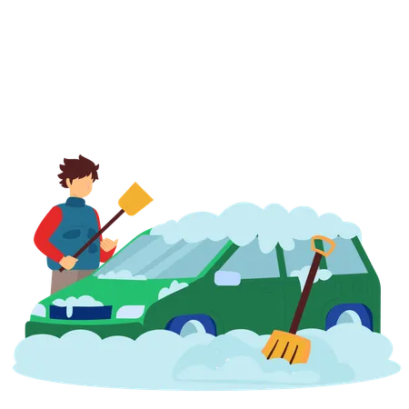 Homme essuyant la neige d'une voiture  Illustration