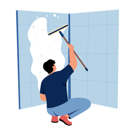 Un homme essuie une fenêtre  Illustration