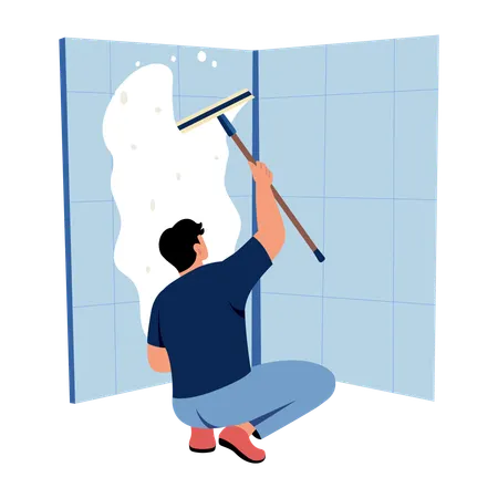 Un homme essuie une fenêtre  Illustration