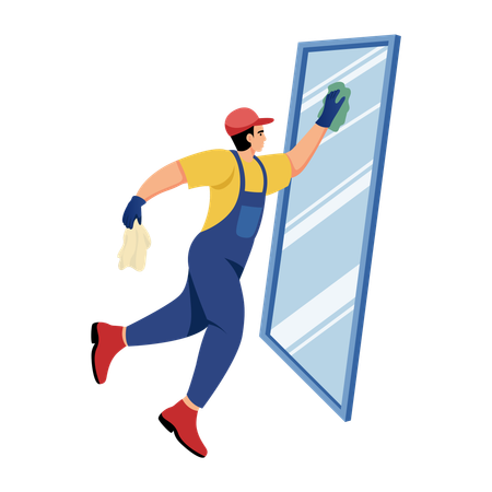 Homme essuyant un miroir pour le nettoyer  Illustration