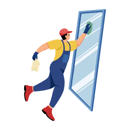 Homme essuyant un miroir pour le nettoyer  Illustration