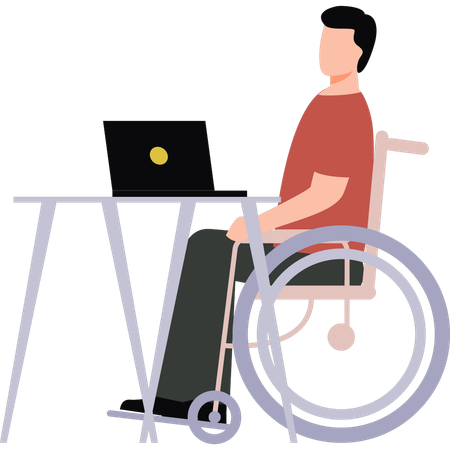 L'homme est assis sur un fauteuil roulant et travaille sur un ordinateur portable  Illustration