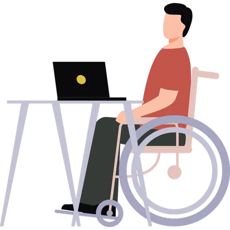 L'homme est assis sur un fauteuil roulant et travaille sur un ordinateur portable  Illustration