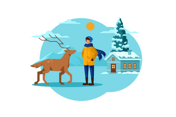 Homme et cerf en hiver  Illustration