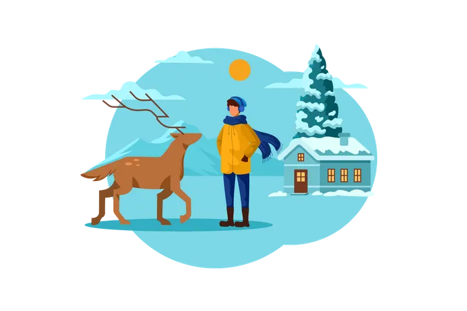 Homme et cerf en hiver  Illustration