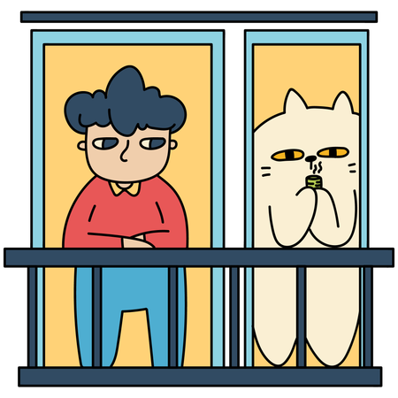 Homme et chat debout sur le balcon  Illustration