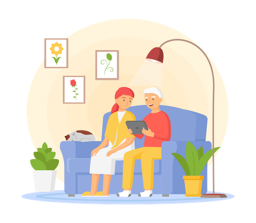 Un homme et une femme âgés surfant ensemble sur Internet à la maison étudient les technologies de communication modernes  Illustration