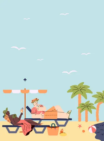 Homme et femme allongés sur une chaise longue de plage et buvant un cocktail  Illustration