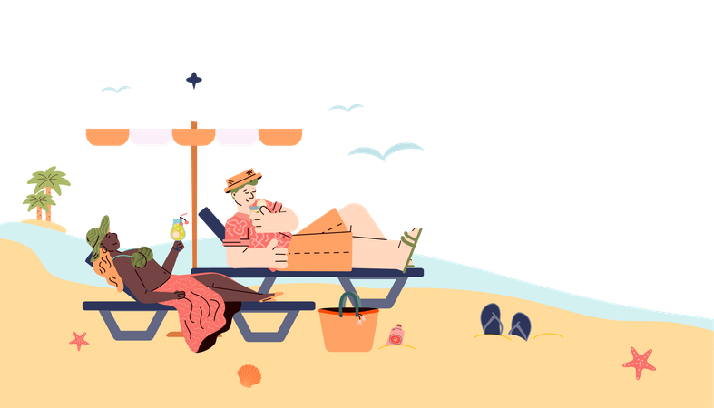 Homme et femme allongés sur une chaise longue de plage et buvant un cocktail  Illustration