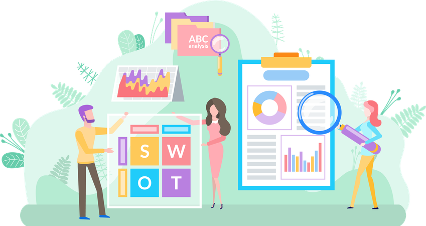 Homme et femme analysant des données statistiques commerciales  Illustration