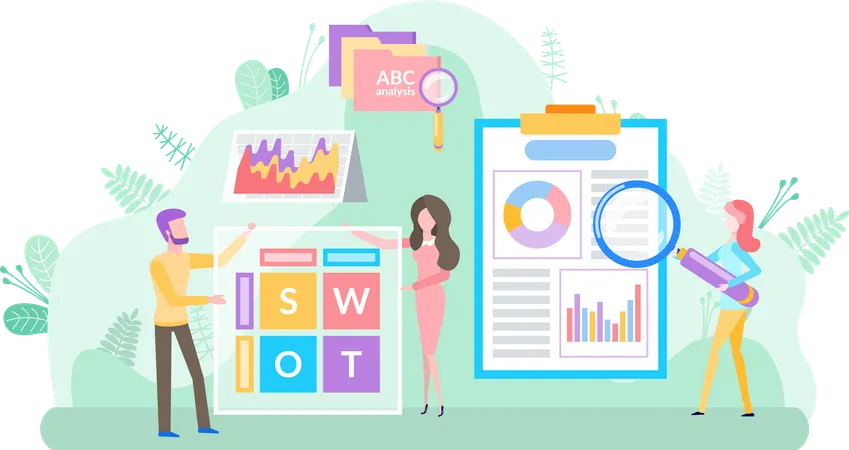 Homme et femme analysant des données statistiques commerciales  Illustration