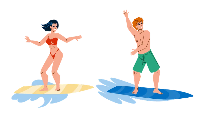 Homme et femme appréciant le surf sur l'océan  Illustration