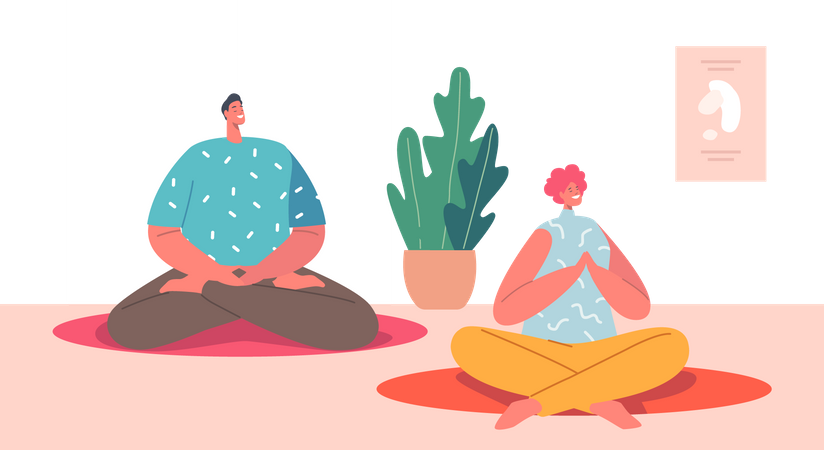 Homme et femme assis en cours de yoga  Illustration