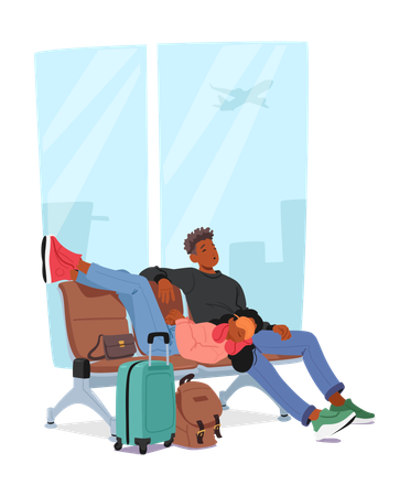 Un homme et une femme assis et dormant sur un banc au terminal de l'aéroport  Illustration