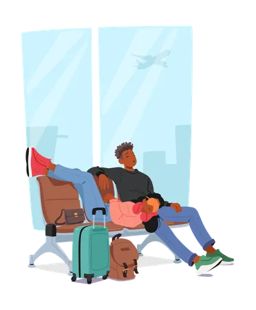 Un homme et une femme assis et dormant sur un banc au terminal de l'aéroport  Illustration