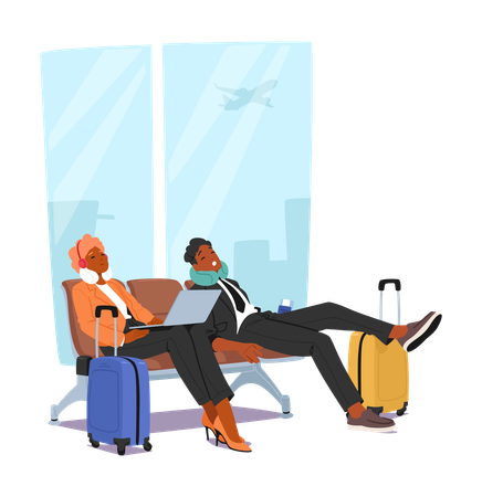 Un homme et une femme sont assis sur un banc à l'aéroport avec leurs bagages  Illustration