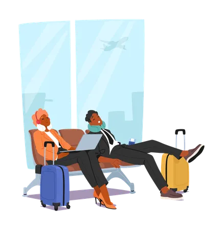 Un homme et une femme sont assis sur un banc à l'aéroport avec leurs bagages  Illustration